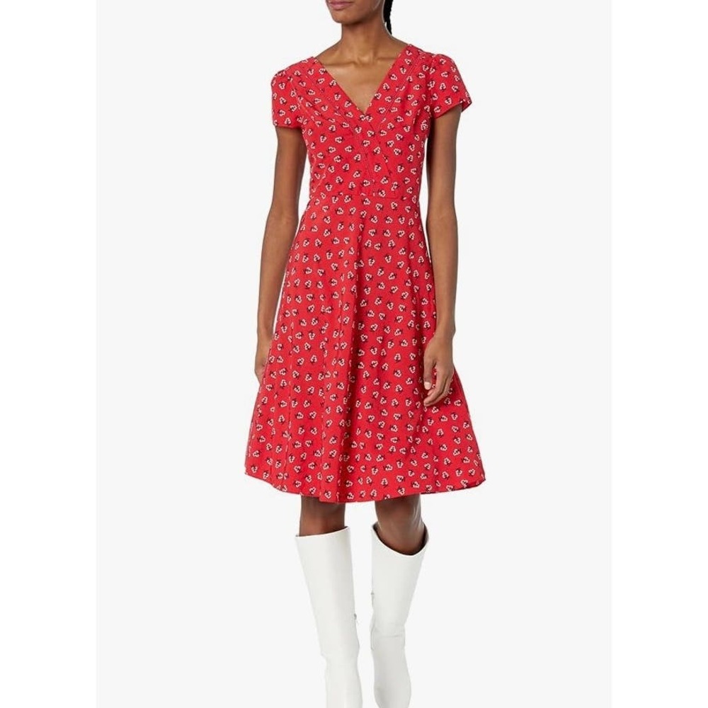 Draper James Red Floral V Neck Knee Length Short Sleeve  Fit and Flare Dress 12